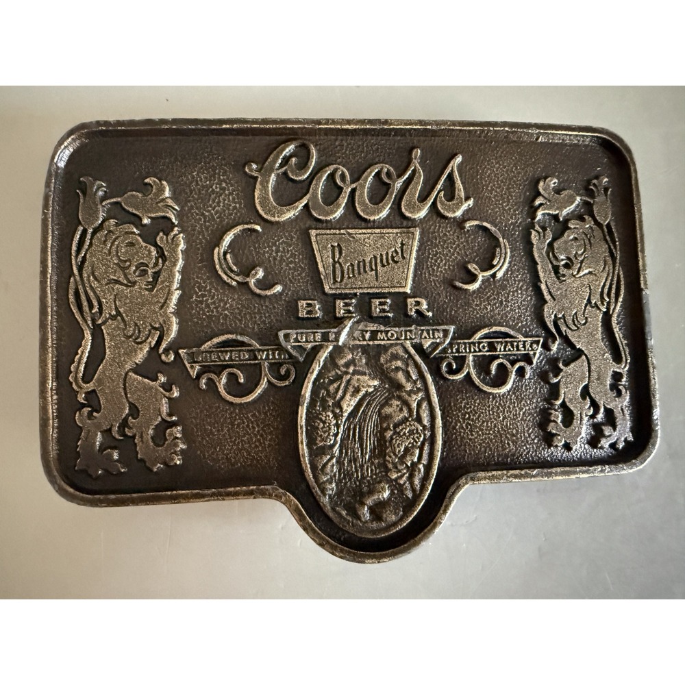Vintage Coors Large Banquet Lions Waterfall Brass‑tone Buckle 70s Licensed Issue